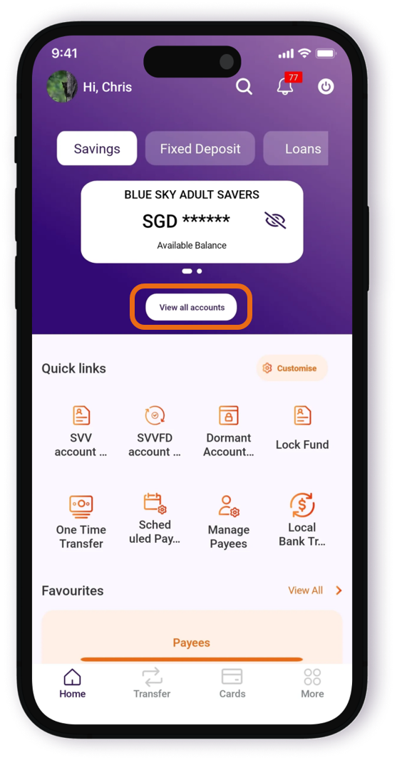 Step 2: Tap on View all accounts to select VIVID SAVINGS